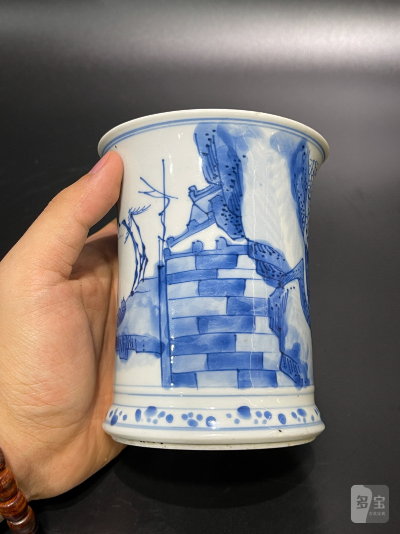 清康熙 青花山水亭阁图笔筒 - 图6